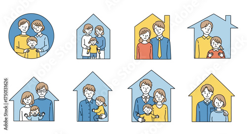 Illustrations of Diverse Family Units and Their Homes Representing Different Household Structures and Relationships