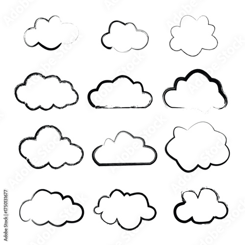 Set Of Hand Drawn Cloud Shapes With Brush Stroke Effect On White Background clouds