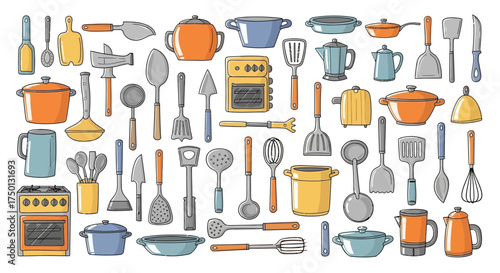 A Diverse Collection of Kitchen Utensils and Cookware Items Hand Drawn in a Whimsical Style Illustrating Culinary Tools