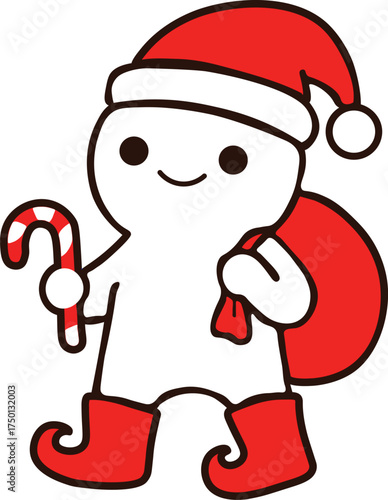 Hand-drawn cheerful Santa Claus standing with gift bag behind his back, funny Christmas character with a lot of presents for kids for the winter holiday, isolated vector clipart