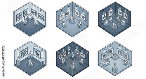 An Isometric Collection of Six Distinct Art Gallery Rooms Each Showcasing Various Sculptures and Wall Mounted Paintings Presenting A Diverse Range of Artistic Styles and Arrangements
