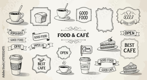 Collection of hand drawn food and cafe elements perfect for design projects and menus
