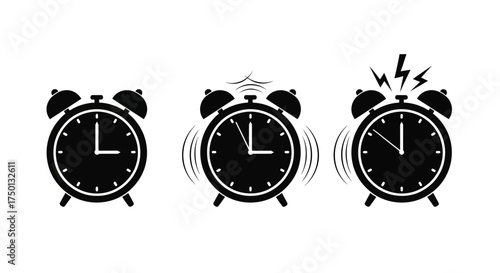 Classic Twin Bell Alarm Clock Icons Featuring Different Alert Statuses in a Sequential Illustration