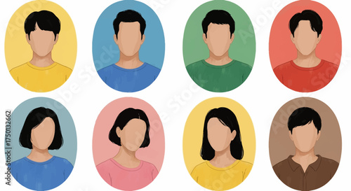 A Collection of Diverse Cartoon Avatars Representing People of Various Genders and Ethnicities Showcasing Different Skin Tones and Hair Styles Against Colorful Oval Backgrounds