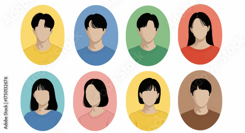 Diverse Group of Young Adults Depicted in Oval Portraits Featuring Simple Colorful Backgrounds Showcasing Different Hairstyles and Clothing Styles