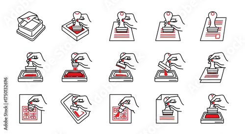 Collection of Rubber Stamp Icons Demonstrating Different Stamping Actions and Document Approvals