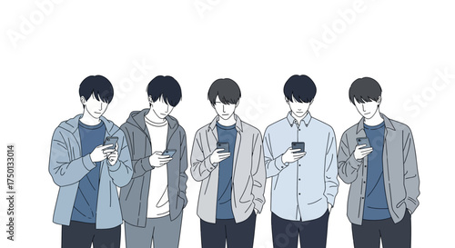 Five young men standing together, each using their mobile phone.