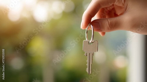 A close-up view of a hand gently holding a new house key as it dangles and swings in the light, symbolizing homeownership, new beginnings, and success with a soft bokeh background highlighting the key