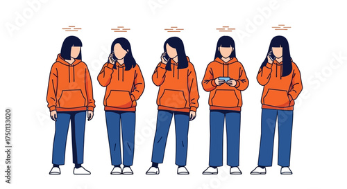 Five Young People Wearing Orange Hoodies and Blue Jeans Holding Smartphones and Other Devices