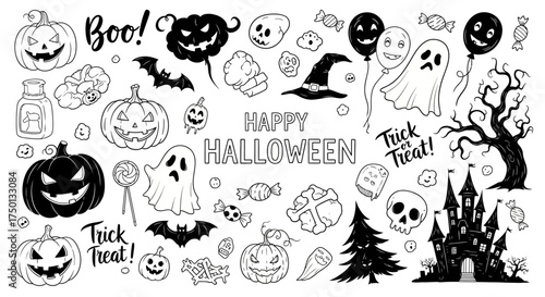 A Spooky Collection of Hand Drawn Halloween Elements Featuring Pumpkins Ghosts and a Haunted Castle Illustration