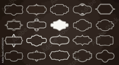 A Collection of Ornate Decorative Empty Frames and Labels with Elegant Flourishes on a Textured Dark Background Providing Versatile Design Elements