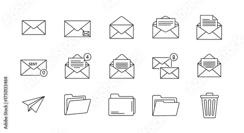 Collection of Outline Icons Representing Communication and Organization Elements Such As Envelopes Folders And A Paper Airplane Design