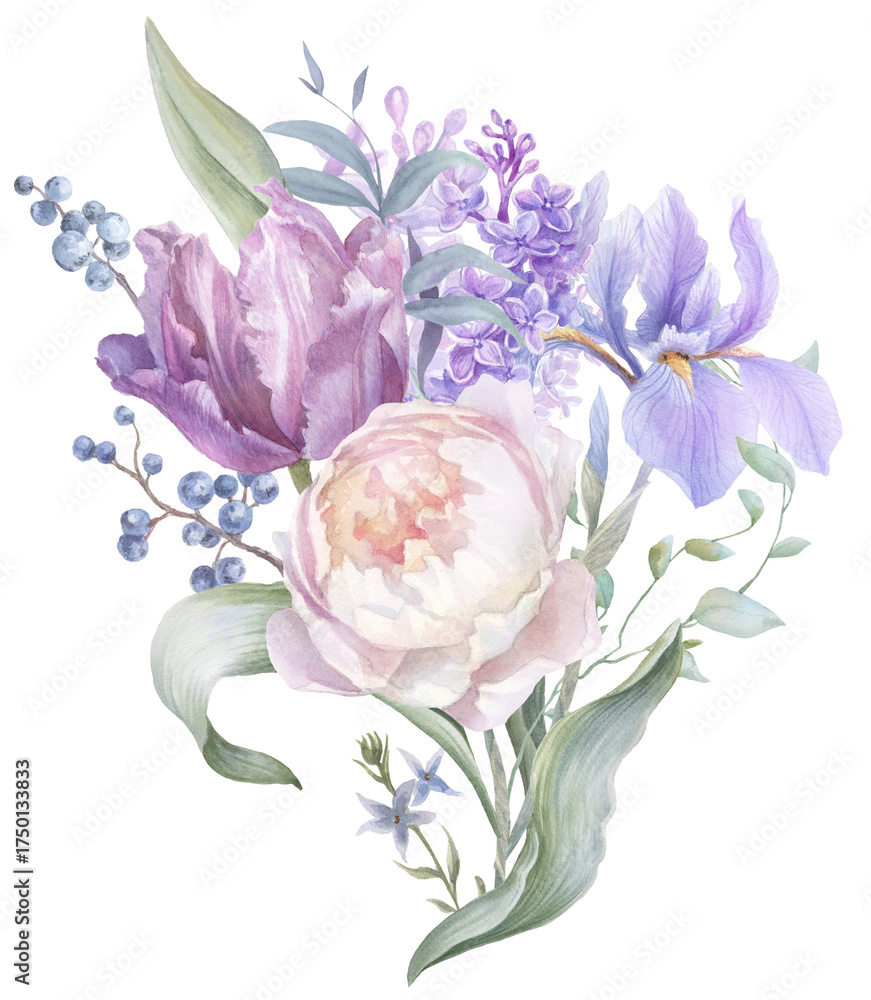 Obraz premium Delicate bouquet with peonies, irises, and tulip flowers, watercolor border, hand-painted wedding arrangement
