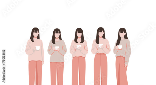 Five young women in pastel pink and beige pajamas holding cups of warm beverages and standing together in a minimalist setting