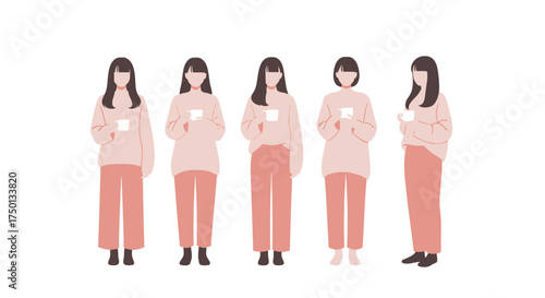 A Collection of Stylish Young Women in Comfortable Everyday Outfits Holding Coffee Cups and Appearing Relaxed and Content