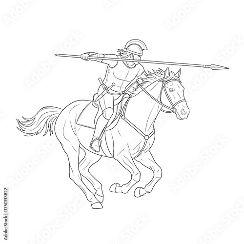 Warrior on horseback with spear ready for battle.