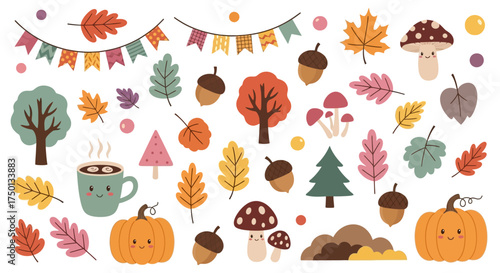 Cute Autumn Elements Collection Featuring Pumpkins Acorns Leaves And Trees With Festive Banners And Mushrooms