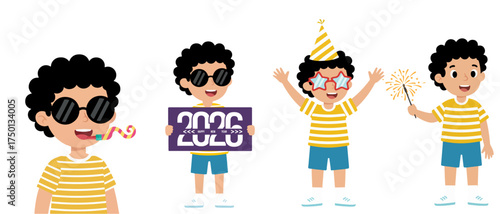 Happy New Year 2026 Celebration Boy Vector | Party Elements, Sparkler, and Festive Kids Illustration, Perfect artwork for New Year posters, greeting cards, flyers, 2026 banner design