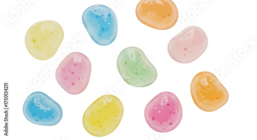 A Delicious Assortment of Colorful Jelly Beans Scattered on a White Background With Various Sweet Fruity Flavors