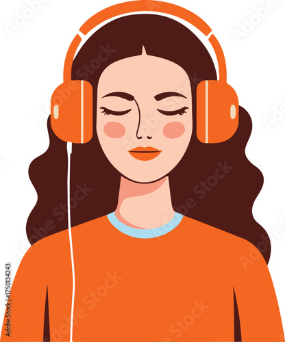 Woman with closed eyes listening to music, calm emotional flat vector illustration

