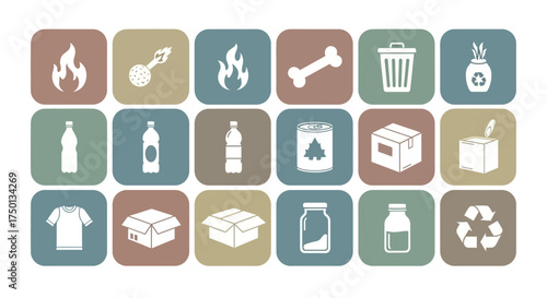 Set of icons representing different types of waste and their disposal methods including recycling and incineration for environmental awareness and management campaigns