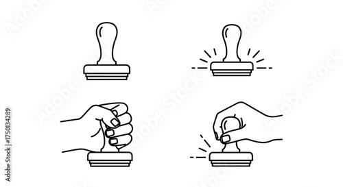 Illustrations of Rubber Stamps Being Pressed and Activated with Light Rays Showing Approval or Confirmation Symbols