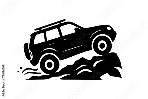 Adventure's Call: An off-road vehicle conquers rocky terrain, a symbol of adventure and the thrill of exploration, rendered in a striking silhouette against a backdrop of rugged mountains.