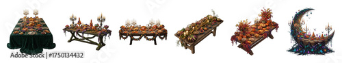 Festive banquet table set including opulent, harvest, autumn, and whimsical themes isolated. Holiday celebration and game assets.