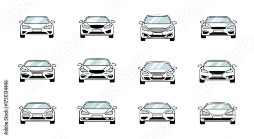 A Collection of Twelve Different Automobile Front View Illustrations Showcasing Various Models and Designs