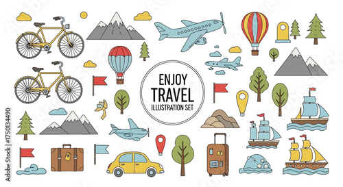 A Whimsical Collection of Travel Elements Featuring Different Modes of Transportation and Scenic Views for Your Next Adventure