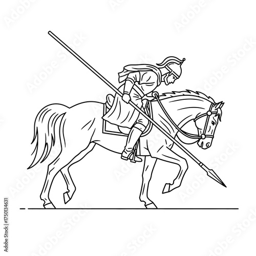 Equestrian Warrior with Spear - A Detailed Line Art Illustration.