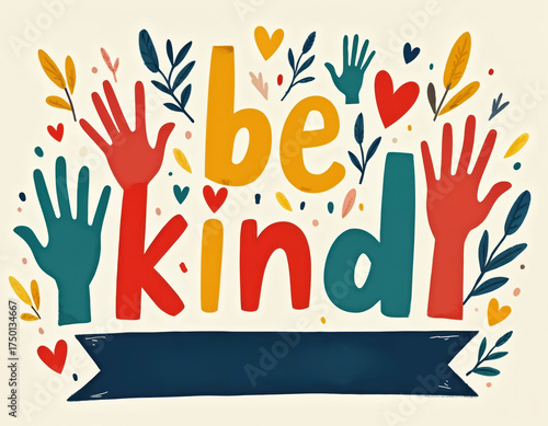 Illustration promotes kindness and helping hands with colorful letters forming be kind and floral elements. It can be used for awareness campaigns, social media posts, or charity events.