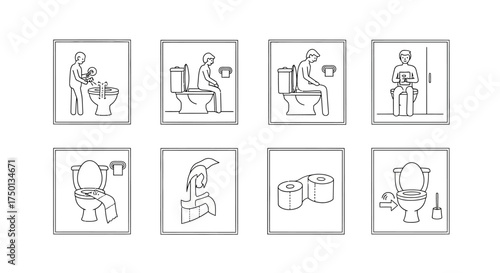 Illustrations depicting various bathroom activities including hygiene practices and toilet usage scenarios