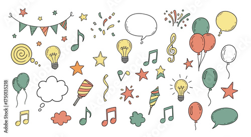 Collection of hand drawn celebratory elements including balloons confetti and musical notes for party decorations and festive designs