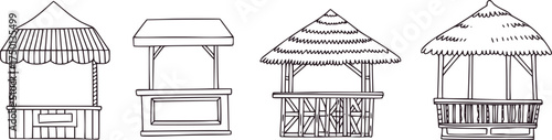 Four black and white drawings of market stalls kiosks booths