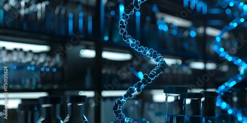 Glowing blue DNA helix against a backdrop of futuristic lab equipment and vials