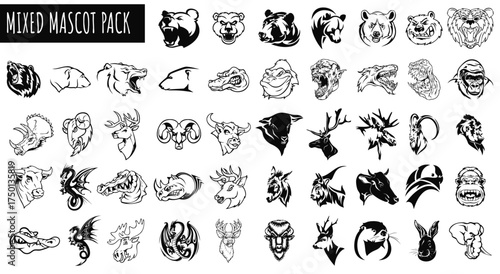 Mixed Mascot Pack: A diverse collection of animal mascots in monochromatic illustration, ideal for branding, logos, and design projects. Each mascot embodies strength, agility, and character.