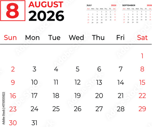 August  2026 Three-Month Planner with Minimal Red and Black Design
