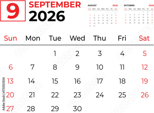 September 2026 Three-Month Planner with Minimal Red and Black Design