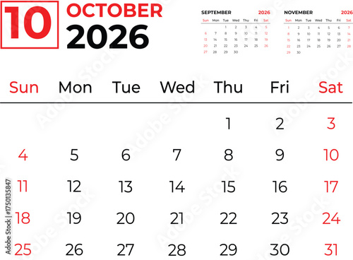 October 2026 Three-Month Planner with Minimal Red and Black Design