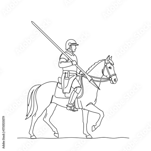 Medieval Knight on Horseback Holding Lance in Line Art Style.