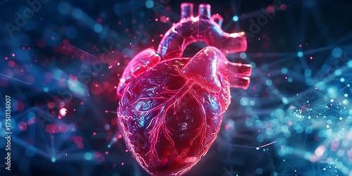 Vibrant glowing human heart with abstract digital network connections