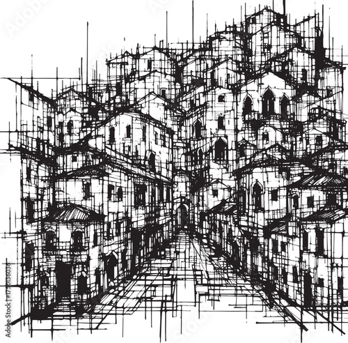 Abstract sketch of old european town, chaotic perspective with dense buildings