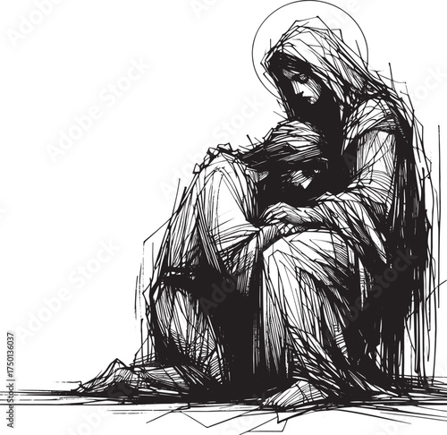 Monochrome artistic depiction of comfort and sorrow with expressive ink lines