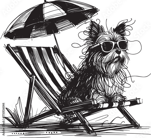 Sketch of a Dog Relaxing in a Beach Chair with Sunglasses for a summer vacation