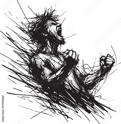 Dynamic monochrome ink sketch of a triumphant figure with expressive energy