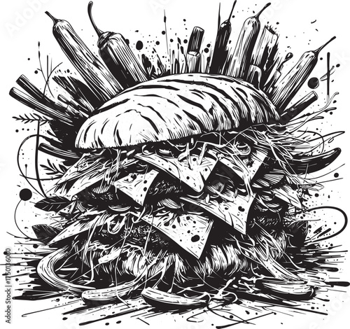 Abstract line drawing of a towering Argentinian Milanesa sandwich illustration