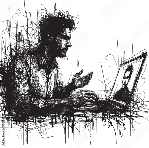 Expressive ink drawing depicts a man video conferencing on his laptop