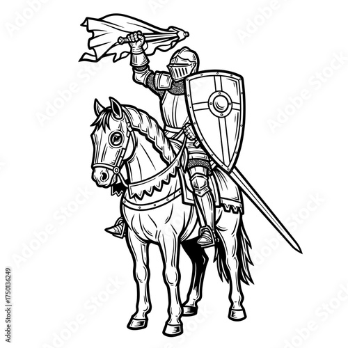 Medieval knight in full armor riding a horse with a flag.