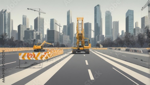Highway construction with yellow excavators, safety barriers, and a city skyline backdrop